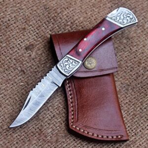 Nesmo-511 Damascus Steel Pocket Knife for Men - Handmade Folding Hunting Knives with Leather Pouch - Best Knife for Camping Hunting Hiking (Red Pakka Wood Handle)