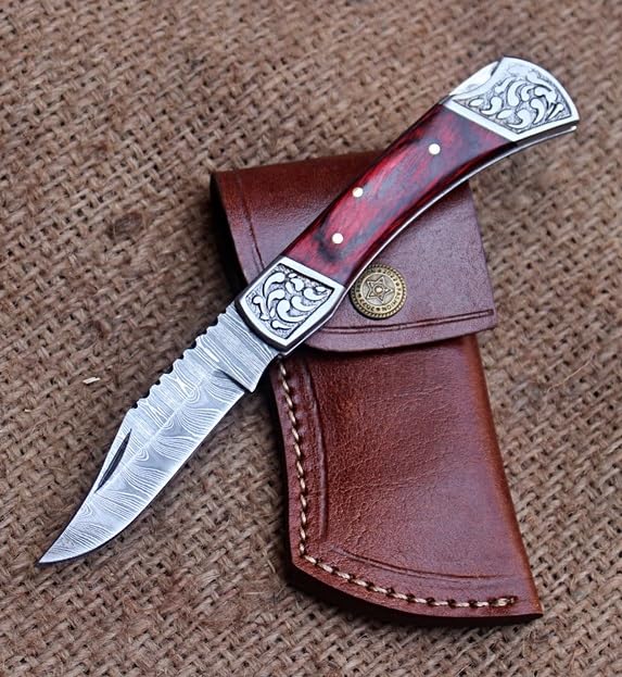 Nesmo-511 Damascus Steel Pocket Knife for Men - Handmade Folding Hunting Knives with Leather Pouch - Best Knife for Camping Hunting Hiking (Red Pakka Wood Handle)