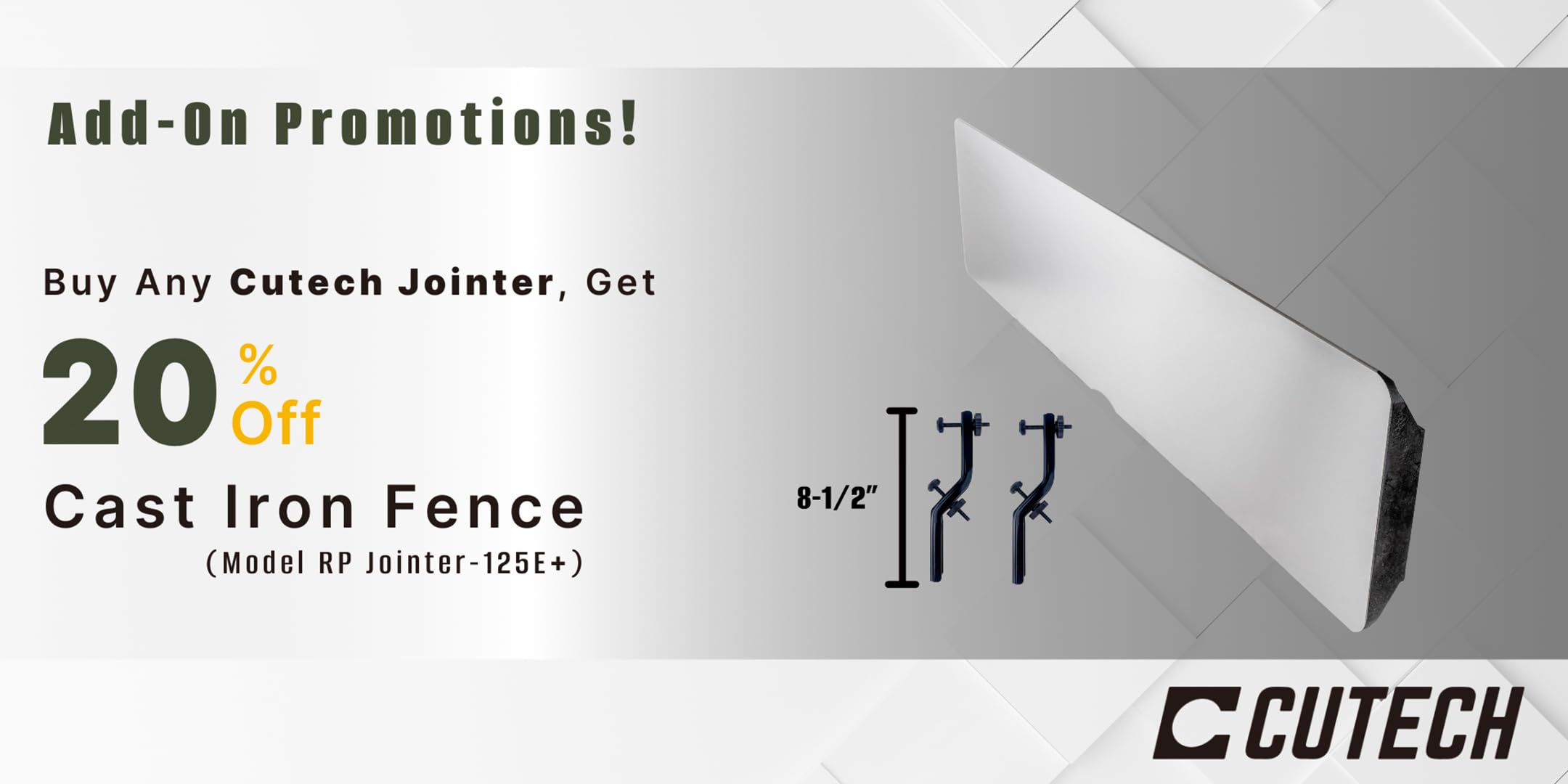 Cutech RP Jointer-125E+ 24" x 6" Cast Iron Fence with 8½" Fence Enhancement Brackets