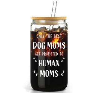 new mom gifts for pregnant women, 16oz drinking glass cup with lid and straw, funny dog mom pregnancy gift for expecting mom, mother to be - postpartum, mothers day, birthday gifts for first time moms