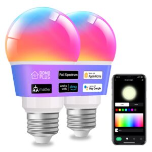 domoplus matter smart light bulbs, full spectrum light bulb work with alexa and google assistant, 16 million colors rgbww wifi led light bulb, app & voice control, a19, 800lm, 2 pack