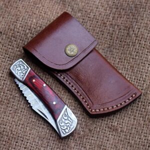 Nesmo-511 Damascus Steel Pocket Knife for Men - Handmade Folding Hunting Knives with Leather Pouch - Best Knife for Camping Hunting Hiking (Red Pakka Wood Handle)