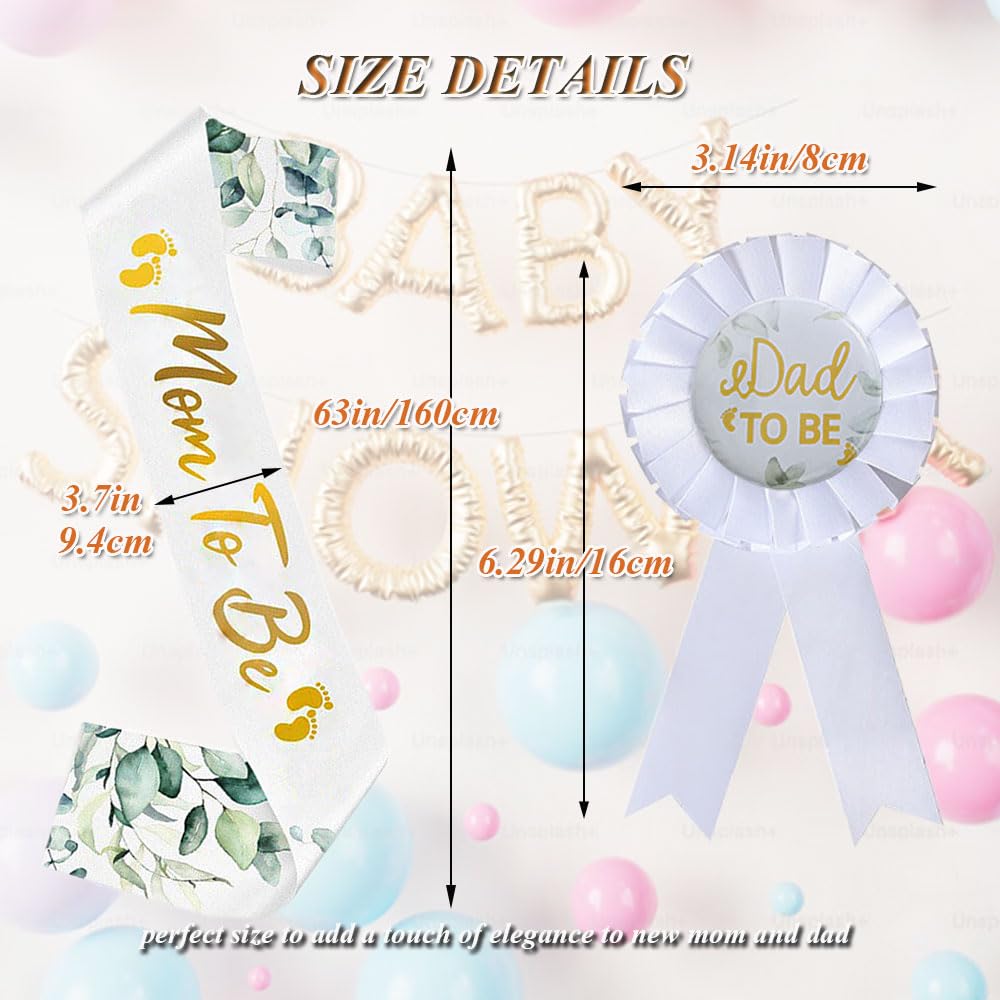 Mom To Be Sash and Daddy To Be Badge Pins for Baby Shower Boy Girl Greenery Sage Green Mom To Be Sash & Dad To Be Pin Gender Reveal Party Decorations Pregnant Mommy Gift (White Style)