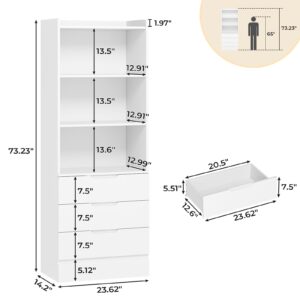 DICTAC 73.23'' Tall Storage Cabinet Bookcase with 3 Drawers and 3-Tier Open Shelves Wooden Bookshelf Kitchen Pantry Storage Cabinets Storage Organizer for Living Room, Study, Kitchen,Bathroom,White