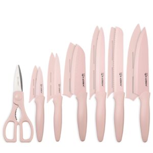 katisun kitchen knife set with guards, 13 piece pink non-stick boxed knives set, anti-rust and dishwasher safe, 6 knives with 6 blade covers and kitchen shears