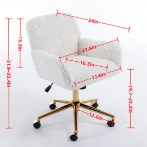 thctvous Purple Vantiy Desk Chair Comfy, Sherpa Makeup Vanity Chair with Back and Rolling Wheels for Bedroom Home Office,Adjustable High Gold Feet,Artificial Rabbit Hair