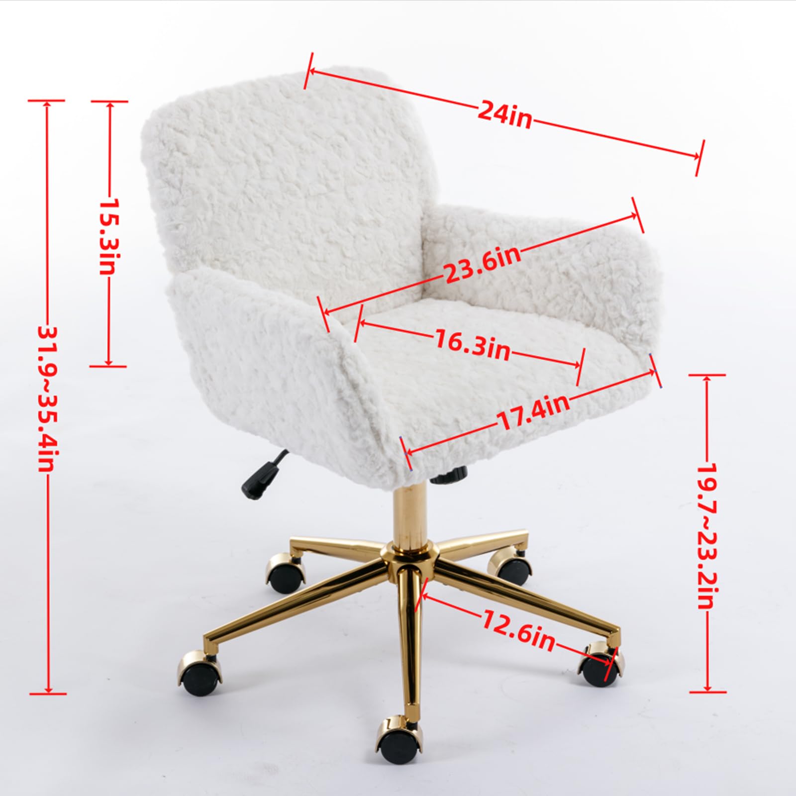 thctvous Purple Vantiy Desk Chair Comfy, Sherpa Makeup Vanity Chair with Back and Rolling Wheels for Bedroom Home Office,Adjustable High Gold Feet,Artificial Rabbit Hair