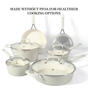 Martha Stewart Heathland Premium Nonstick PFA Free Ceramic Interior 10-Piece Tapered Aluminum Cookware Set - Linen White