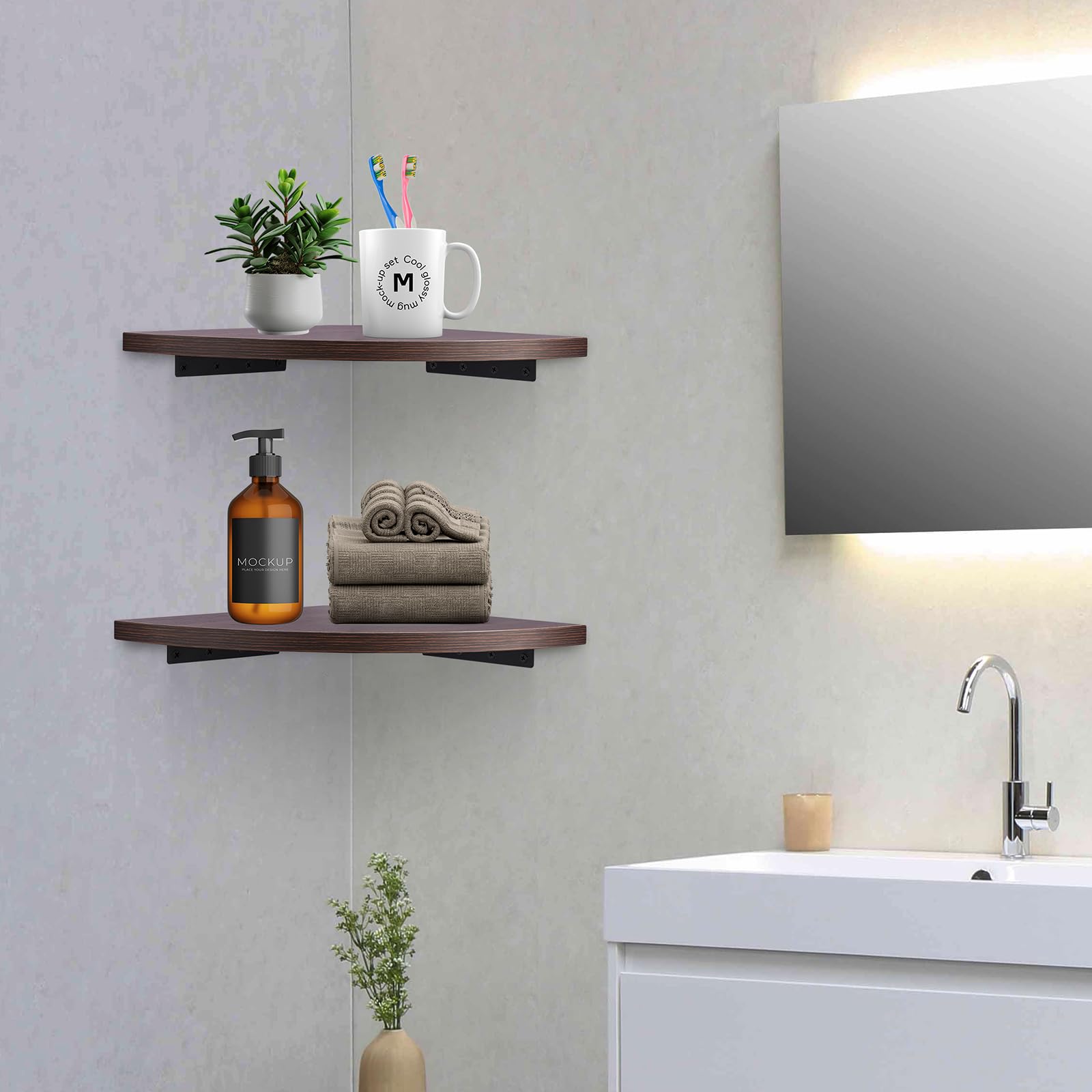 Pxoerzy Corner Shelf Wall Mount,Solid Wood Corner Floating Shelves,2 Pack Round Corner Wall Shelf Organizer, Wood Wall Storage Display Shelves for Living Room Bedroom Bathroom Kitchen, Brown