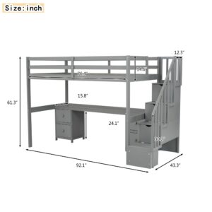 Harper & Bright Designs Twin Size Loft Bed with Storage Stairs and Built-in Desk, Wood Twin Loft Bed with Double Storage Drawers, Space Saving Junior Loft Bed for Kids Girls Boys, Grey