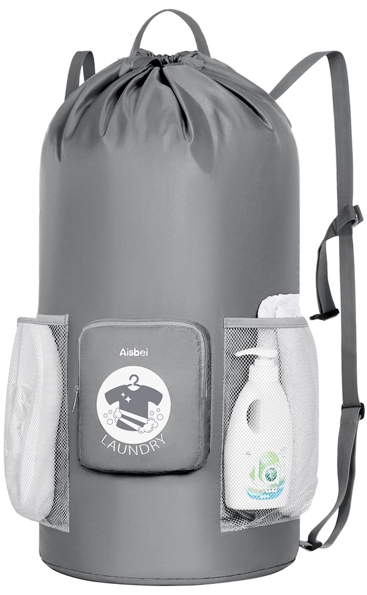 Aisbei 100L Foldable Laundry Bag Backpack with Chest Straps-Large Travel Laundry Bag for Dirty Clothes-Laundry Hamper Bag for College Apartment Laundromat Dorm Room Camping Essentials（Grey）