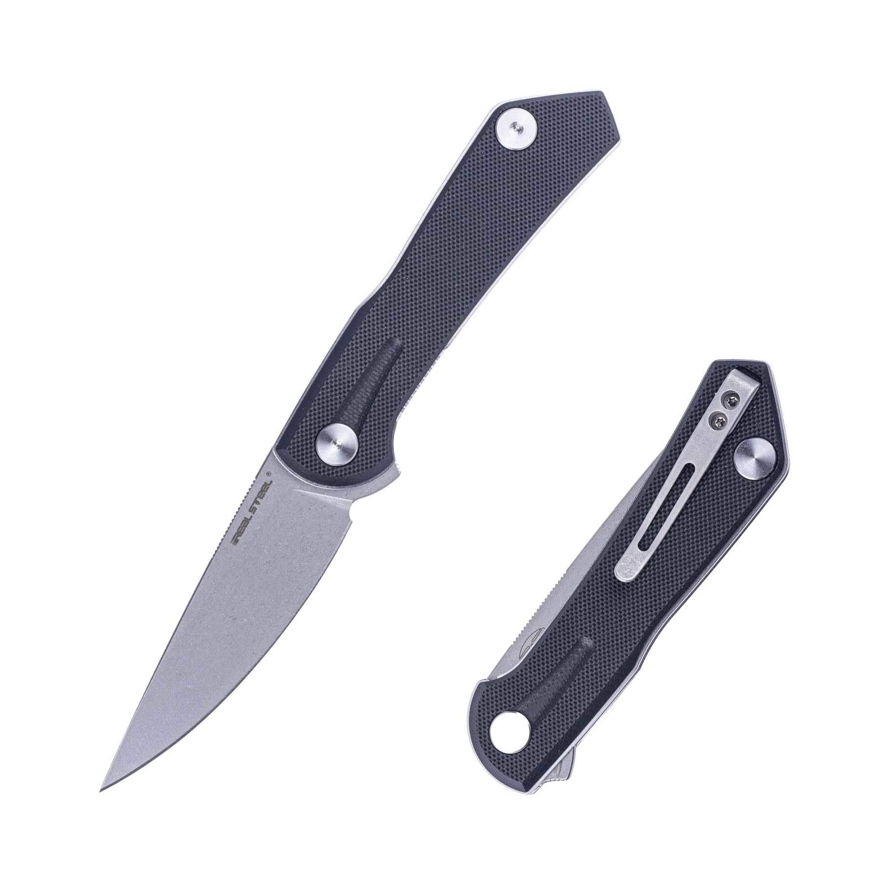 Real Steel VALORE liner lock flipper Pocket Knife - Nitro-V Steel, ball bearing , G10 Handle,Two-Bolt Design Language of Poltergeist Works - Perfect for Camping, Hiking, EDC Cutting Tasks (Black G10/Stonewash)