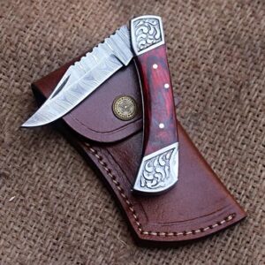 Nesmo-511 Damascus Steel Pocket Knife for Men - Handmade Folding Hunting Knives with Leather Pouch - Best Knife for Camping Hunting Hiking (Red Pakka Wood Handle)