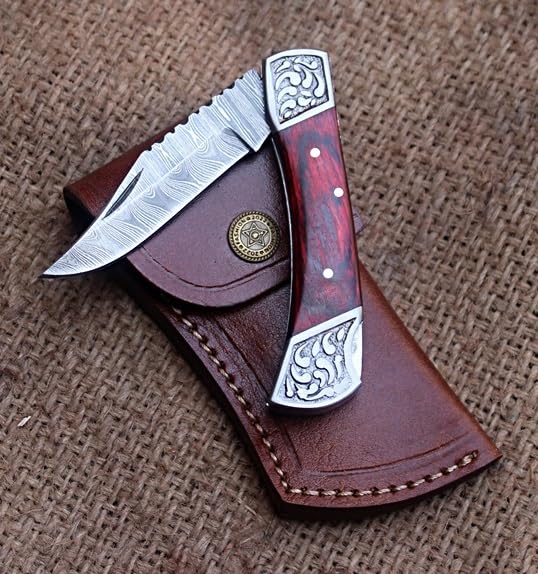 Nesmo-511 Damascus Steel Pocket Knife for Men - Handmade Folding Hunting Knives with Leather Pouch - Best Knife for Camping Hunting Hiking (Red Pakka Wood Handle)