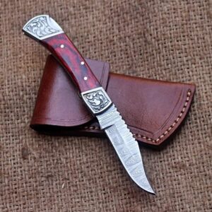 Nesmo-511 Damascus Steel Pocket Knife for Men - Handmade Folding Hunting Knives with Leather Pouch - Best Knife for Camping Hunting Hiking (Red Pakka Wood Handle)