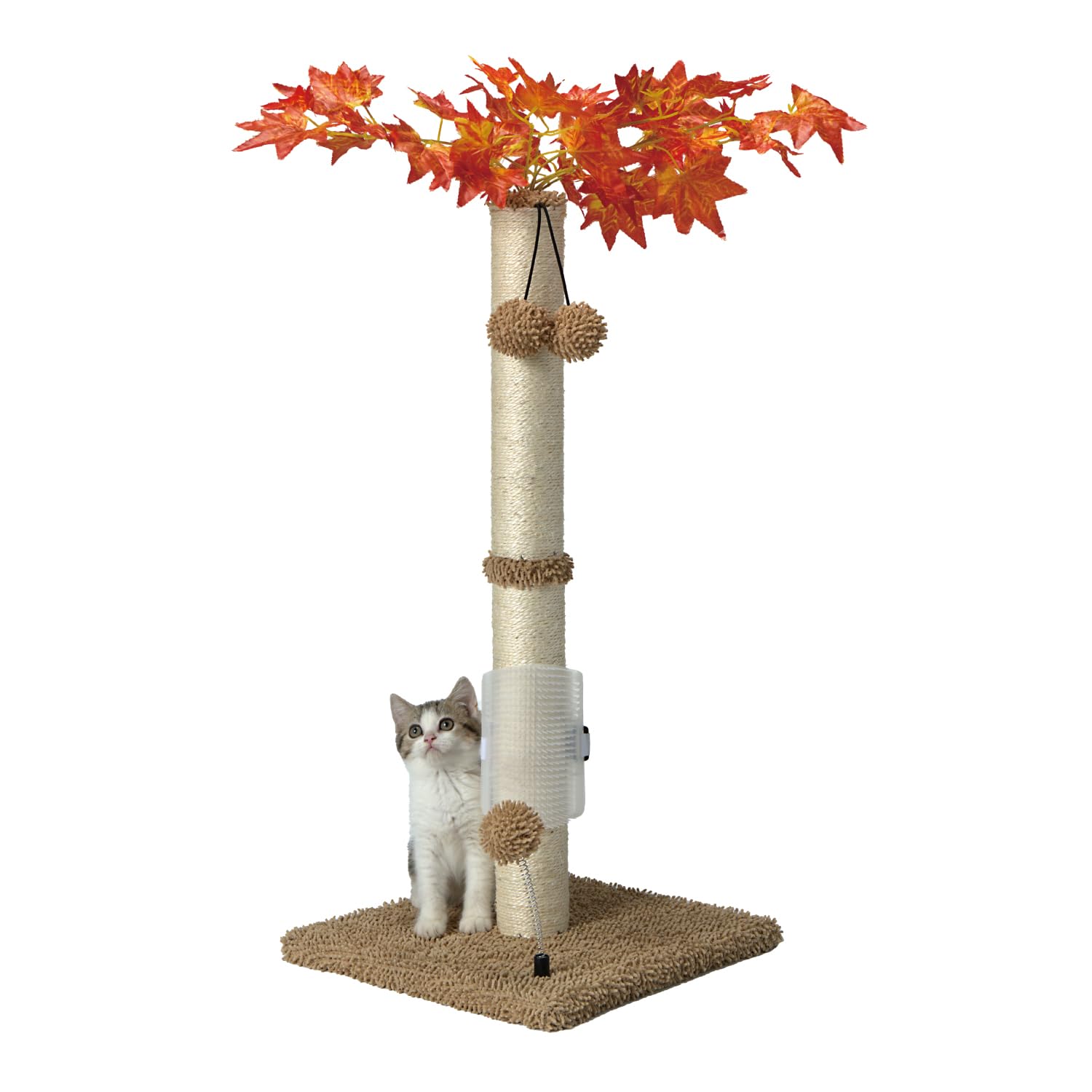 MECOOL Cat Scartching Post，30-inch Cute Scartching Posts for Indoor Cats and Kittens,Natural Sisal Rope and Hanging Ball Toy, Self-Grooming Brush,Beige