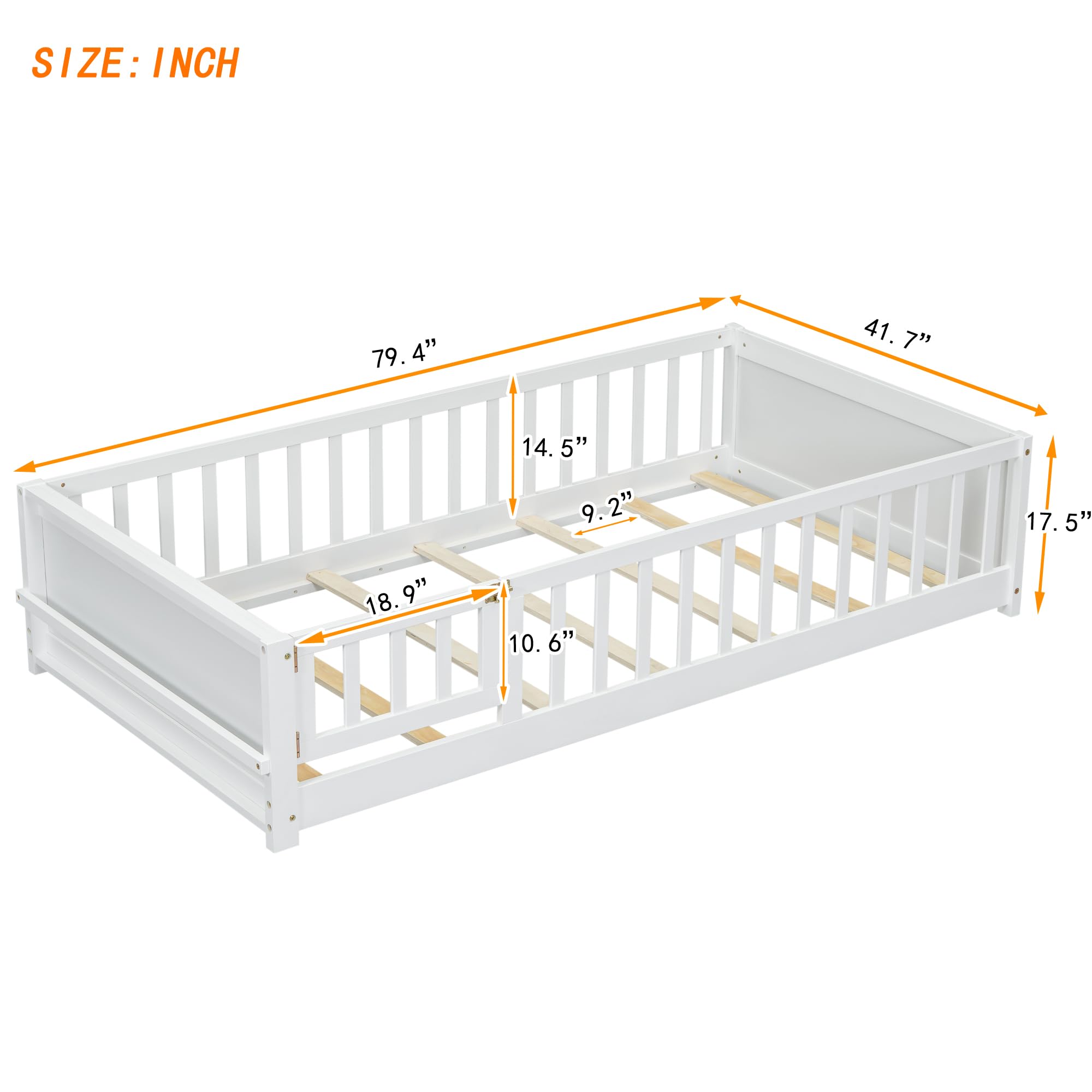 Mirightone Floor Bed with Rails and Door Twin Size, Wood Montessori Floor Bed with Storage Bookcase, Kids Bed Frame with Fence for Boys Girls, White