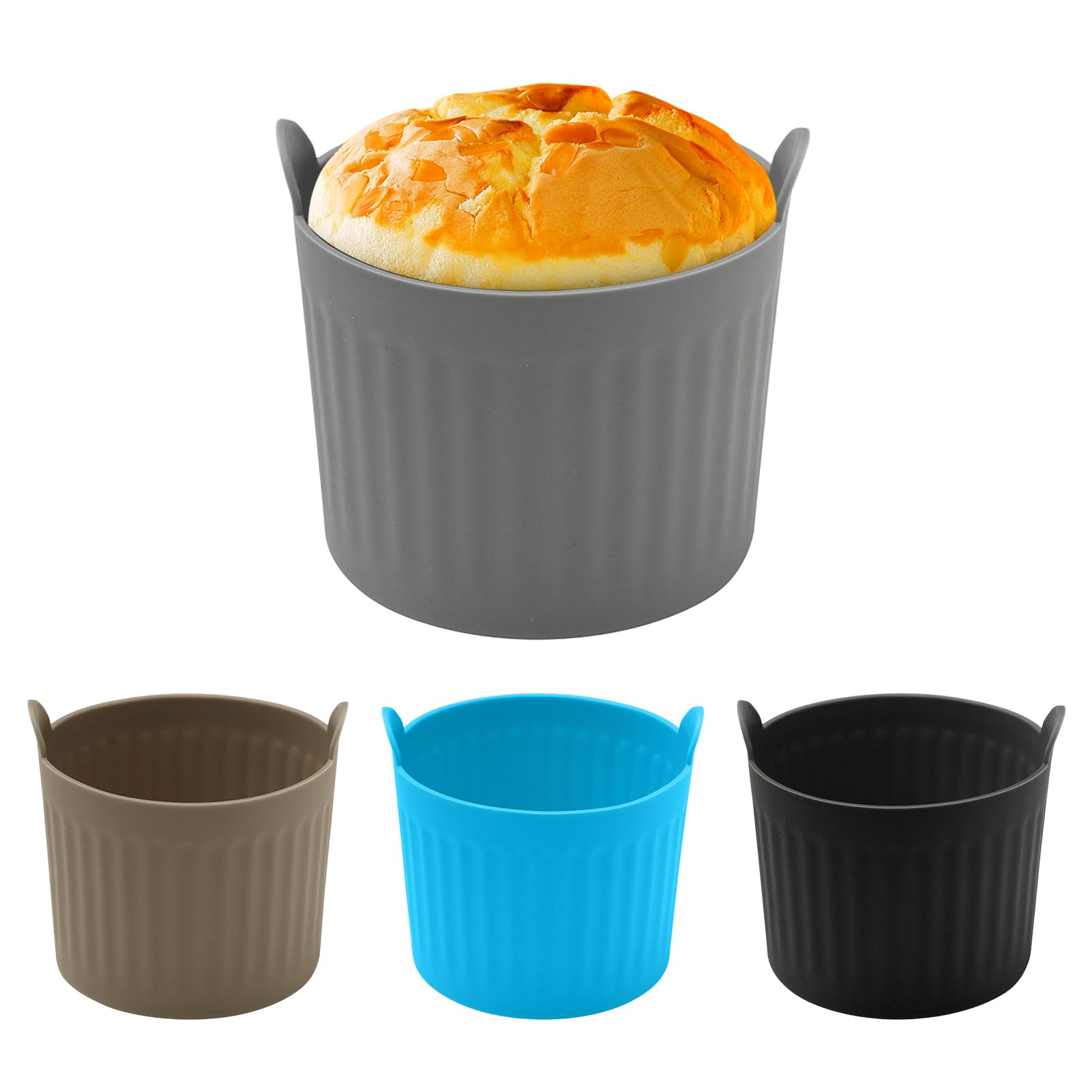 4pcs Silicone Ramekins Cups for Air Fryer, 2.6x2.56 Inch Air Fryer Egg Poacher Silicone Muffin Cases for Airfryer (Black, Grey, Brown, Blue)