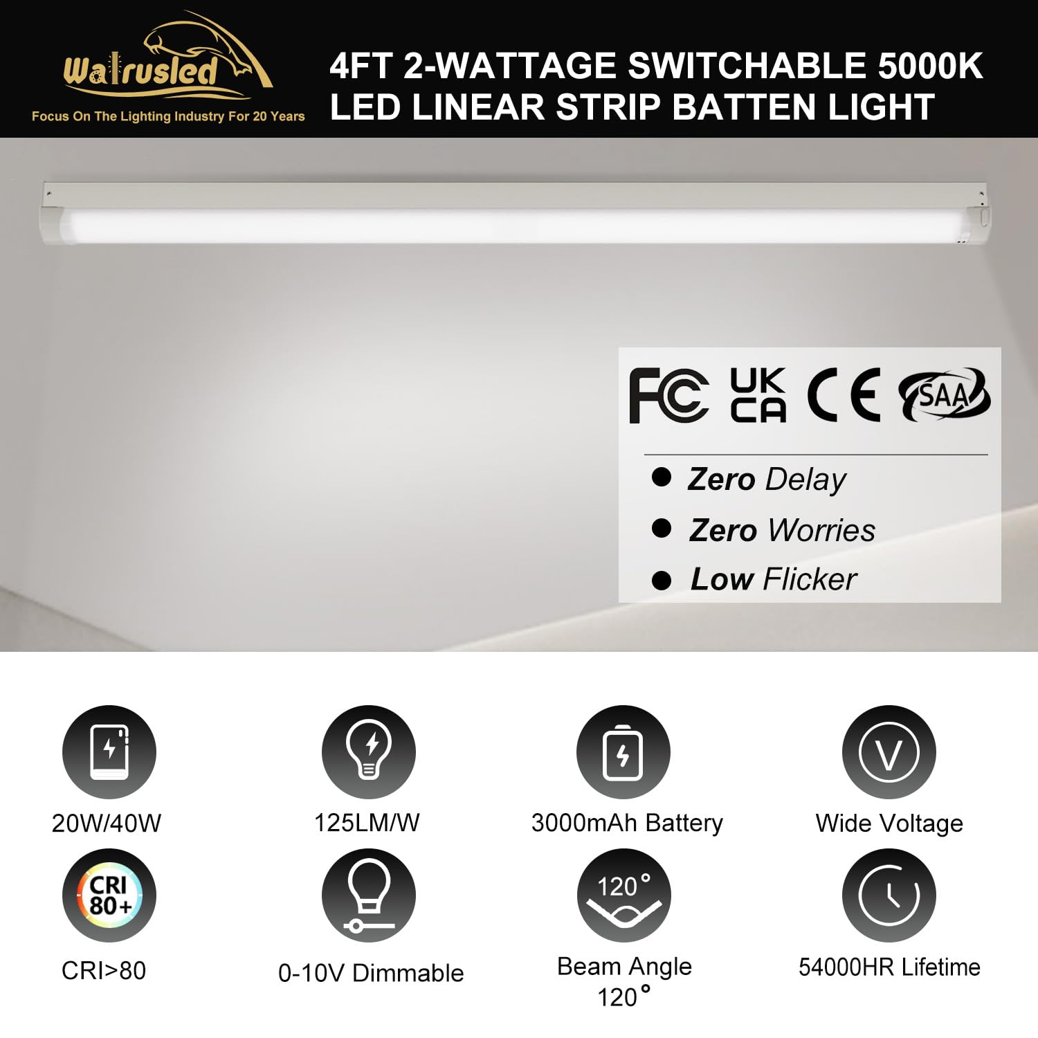 4FT LED Linear Strip Emergency Stairwell Light, 2 Watt Selectable, 20W/40W, 2500lm/5000lm, Battery Backup, 5000K, IP20, 0-10V Dimmable 4 Foot Flush Mount Commercial LED Shop Ceiling Light Fixture, FCC