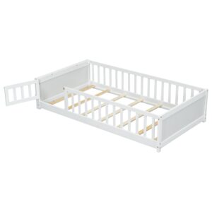 Mirightone Floor Bed with Rails and Door Twin Size, Wood Montessori Floor Bed with Storage Bookcase, Kids Bed Frame with Fence for Boys Girls, White