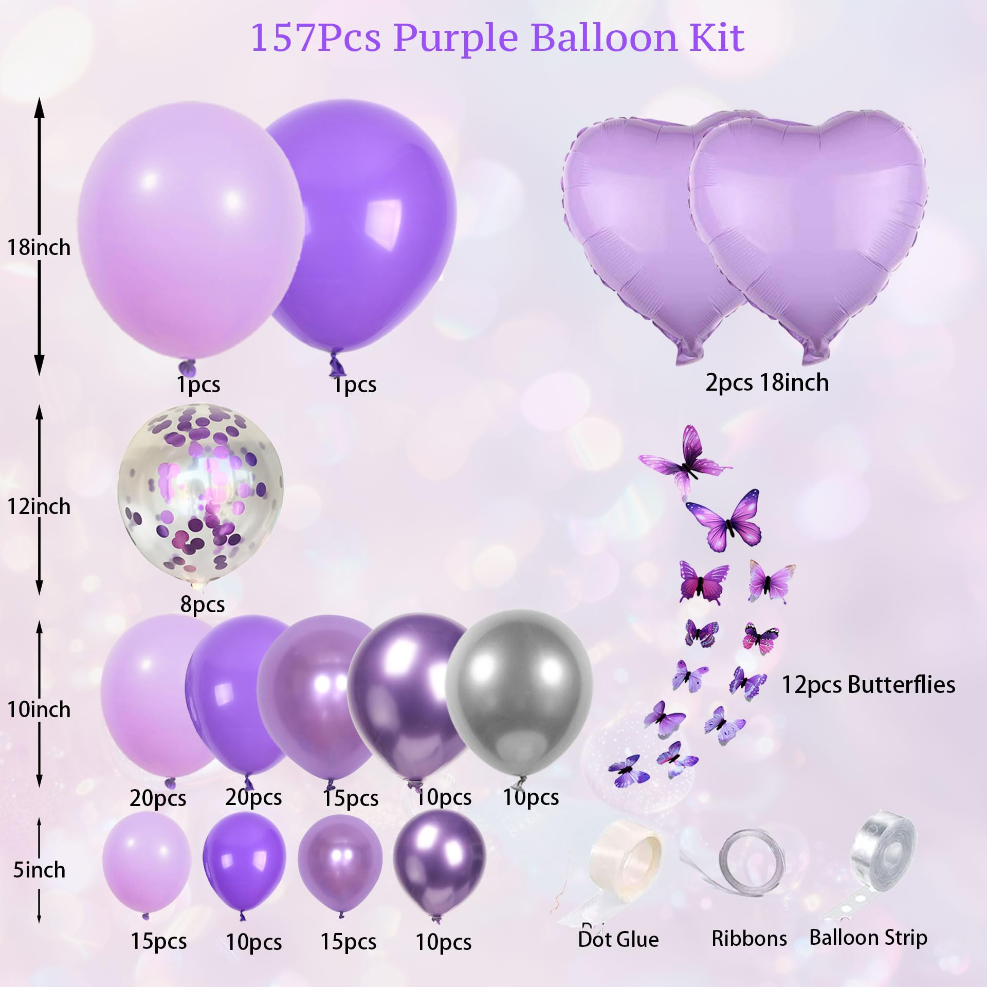 157pcs Purple Balloon Garland Butterfly Confetti Balloon Kit Lilac, Lavender, Metallic, Light Purple Silver Balloons Arch Kit With Butterflies For Girl Birthday, Baby Shower, Bridal Shower Decorations