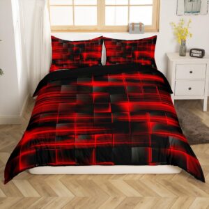 Feelyou Red Black Duvet Cover Queen Size Boys Girls Geometric Strip Lines Bedding Set for Kids Geometry Comforter Cover Set Abstract Modern Bedspread Cover Room Decor Bedclothes Zipper