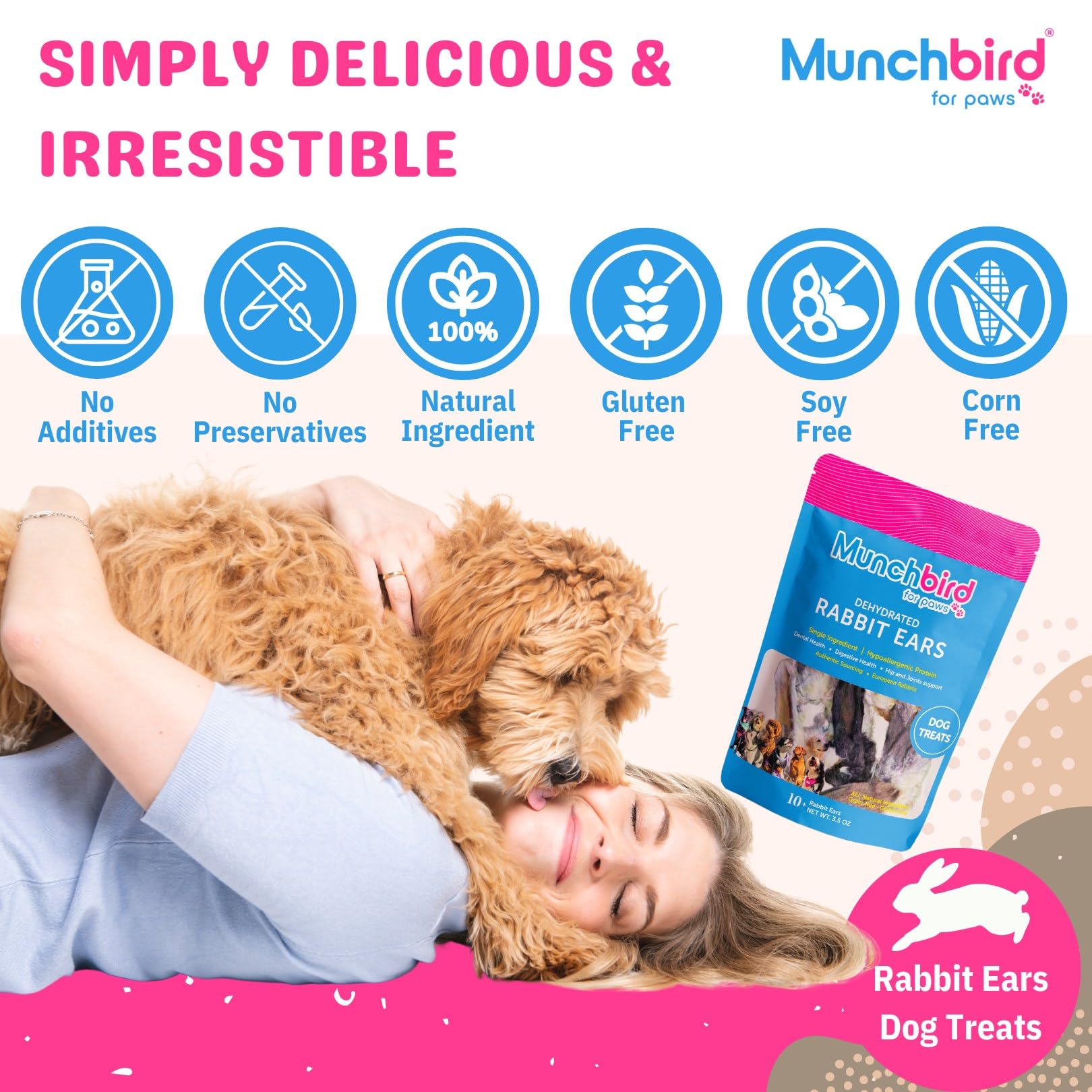 Munchbird Dehydrated Rabbit Ears (3.5 oz, 12-15 Counts) for Dogs & Cats, European Furry Rabbit Ear Natural Fiber for Dogs, Rawhide Free Alternative to Pig Ears for Dogs, Ear Size Varies