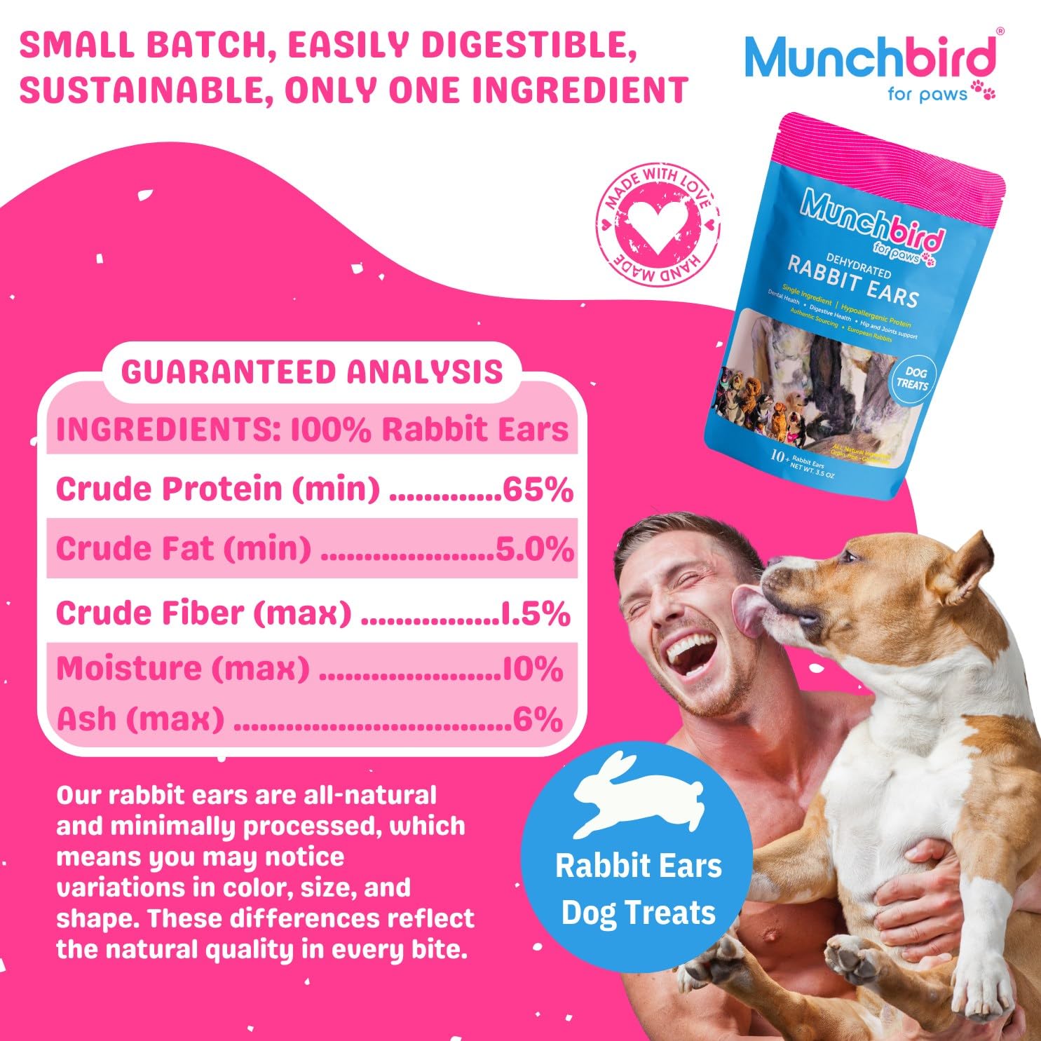 Munchbird Dehydrated Rabbit Ears (3.5 oz, 12-15 Counts) for Dogs & Cats, European Furry Rabbit Ear Natural Fiber for Dogs, Rawhide Free Alternative to Pig Ears for Dogs, Ear Size Varies