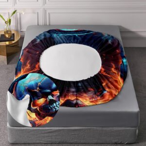 AILONEN 3D Skull Fitted Sheet Set Full Size, Music Headset Skull Bed Sheet Set,3 Pieces Hip Hop Skull Sheet Set for Boys Men,Fire Skeleton Fitted Sheet with 2 Pillowcases