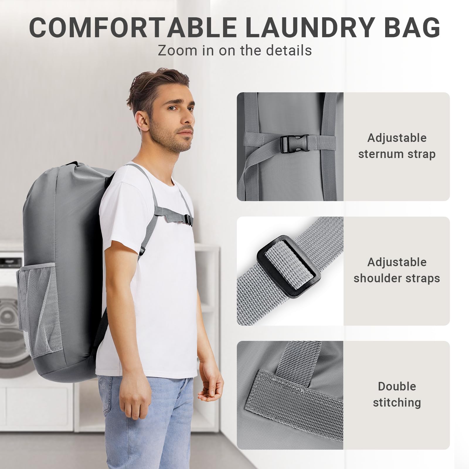 Aisbei 100L Foldable Laundry Bag Backpack with Chest Straps-Large Travel Laundry Bag for Dirty Clothes-Laundry Hamper Bag for College Apartment Laundromat Dorm Room Camping Essentials（Grey）