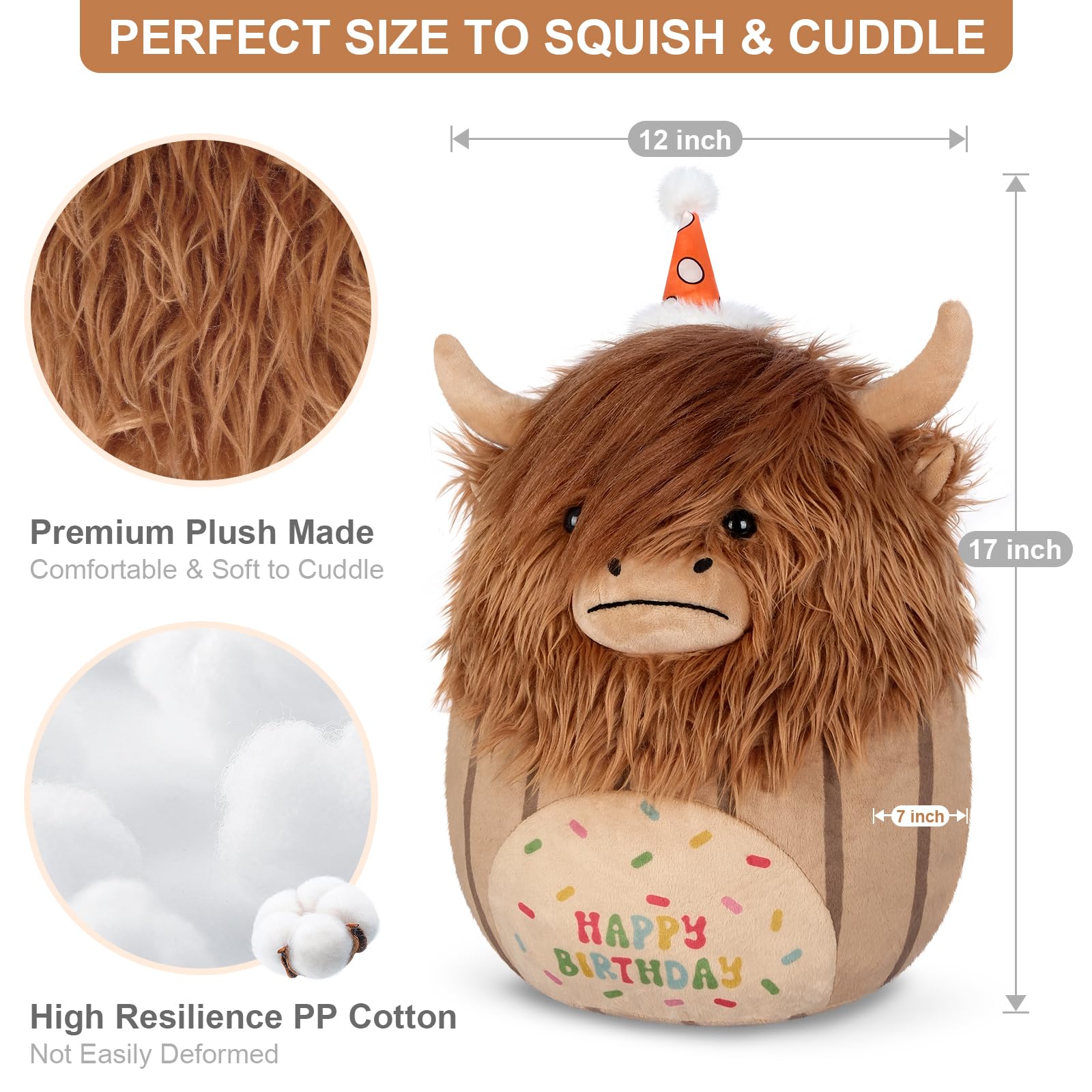 SuzziPals 17 inch Happy Birthday Highland Cow Stuffed Animal Plush Pillows, Soft Cow Pillow Cow Plushies Room Decor, Cows Plush Toys for Hugging & Squish, Highland Cow Gifts Cute Birthday Gifts