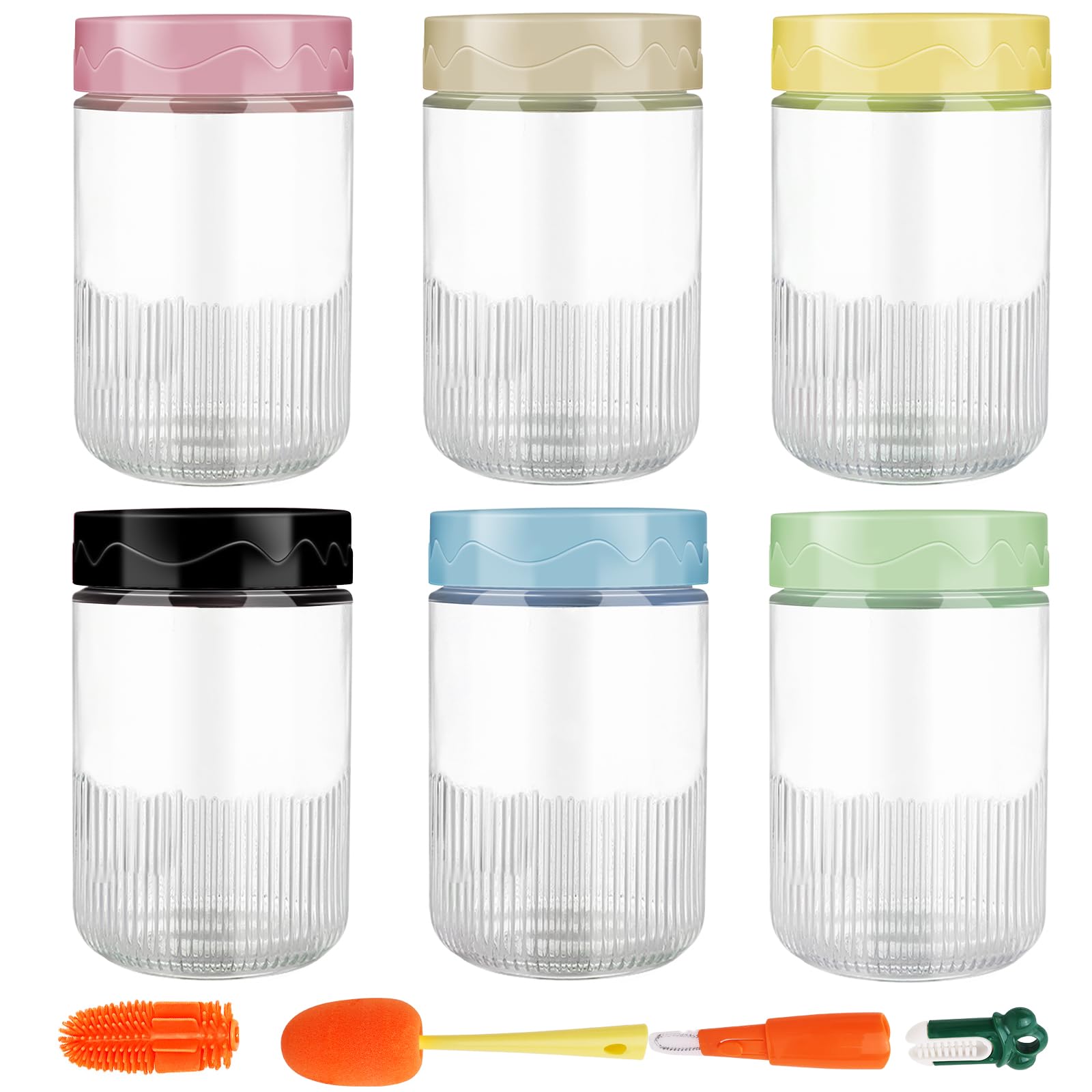 6-Pack 16 oz Glass jars with Airtight Lids,Leak Proof Mason jars,Overnight Oats Containers with Lids,Glass Food Storage Containers for Snacks Yogurt Spice Sugar,3-in-1 Cleaning Brush,3 pcs Brush Head