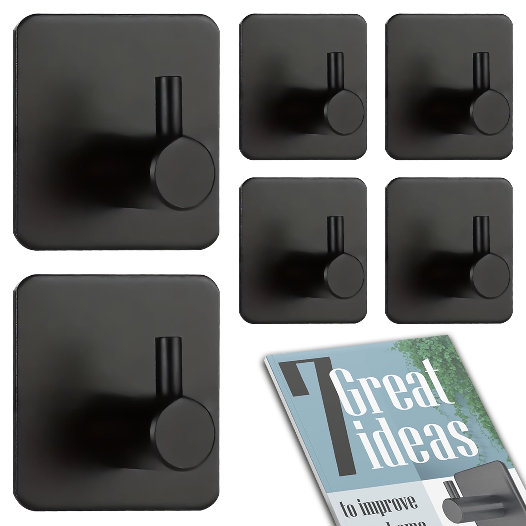 BRYF®️ Adhesive Towel Hooks 6pcs Pack + Gift e-Guide | Heavy Duty 3M Adhesive Wall Hooks for Bathroom Decor, Kitchen Decor & More. 6 pcs Black Towel Hooks self Adhesive Pack