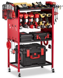 fhxzh power tool organizer with wheels - garage power tools storage cart, large rolling drill holder cordless battery storage, heavy duty floor standing utility rack gift for men, husband, father