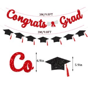 Glitter Red Congrats Grad Decorations Banner Graduation Decorations Class of 2024 banner Red and Black Glitter Congrats Grad Graduation with Tassel Party Decor College High School Graduation Party Favors