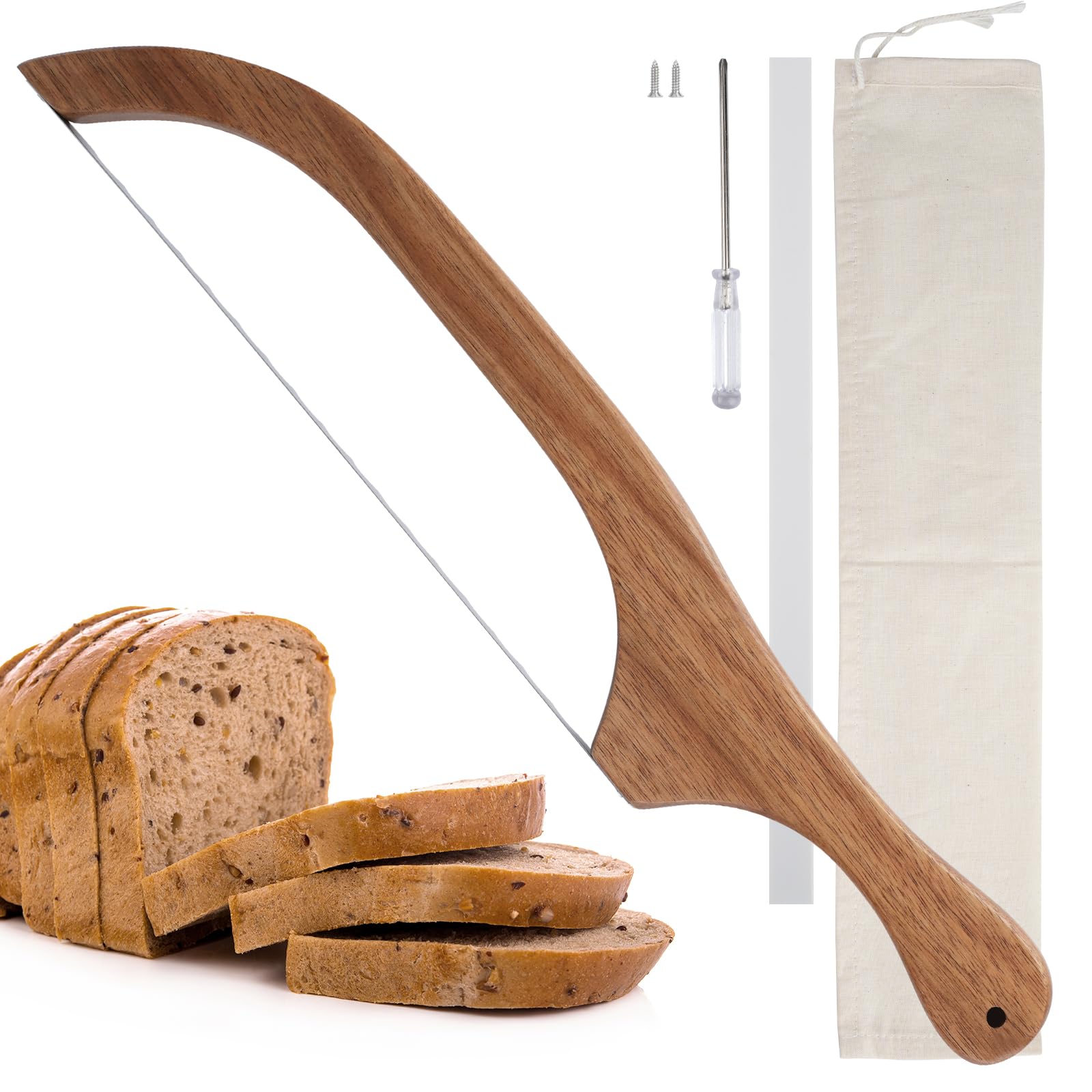 kaiqiber Bread Knife for Homemade Bread,Wooden Bread Bow Knife,suitable for sour bread and homemade bread-Bow shaped design-16 Wooden Serrated Bread SlicerKnife-Premium Stainless Steel