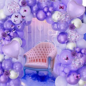 157pcs Purple Balloon Garland Butterfly Confetti Balloon Kit Lilac, Lavender, Metallic, Light Purple Silver Balloons Arch Kit With Butterflies For Girl Birthday, Baby Shower, Bridal Shower Decorations