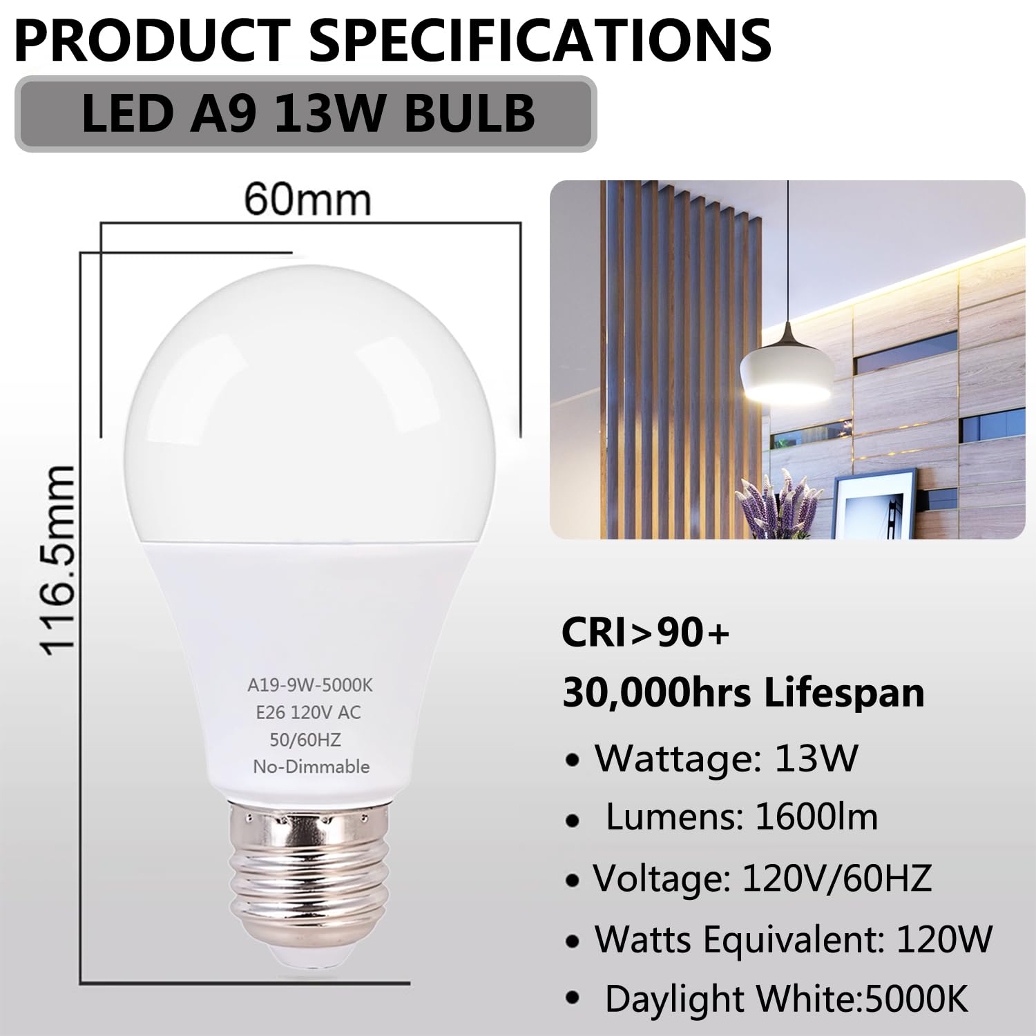 A19 LED Light Bulb,120 Watt Equivalent LED Bulbs, Daylight White 5000K, 1600 Lumens, E26 Standard Base, Non-Dimmable, 13W Bright LED Bulbs, Frosted,4 Count (Pack of 1)