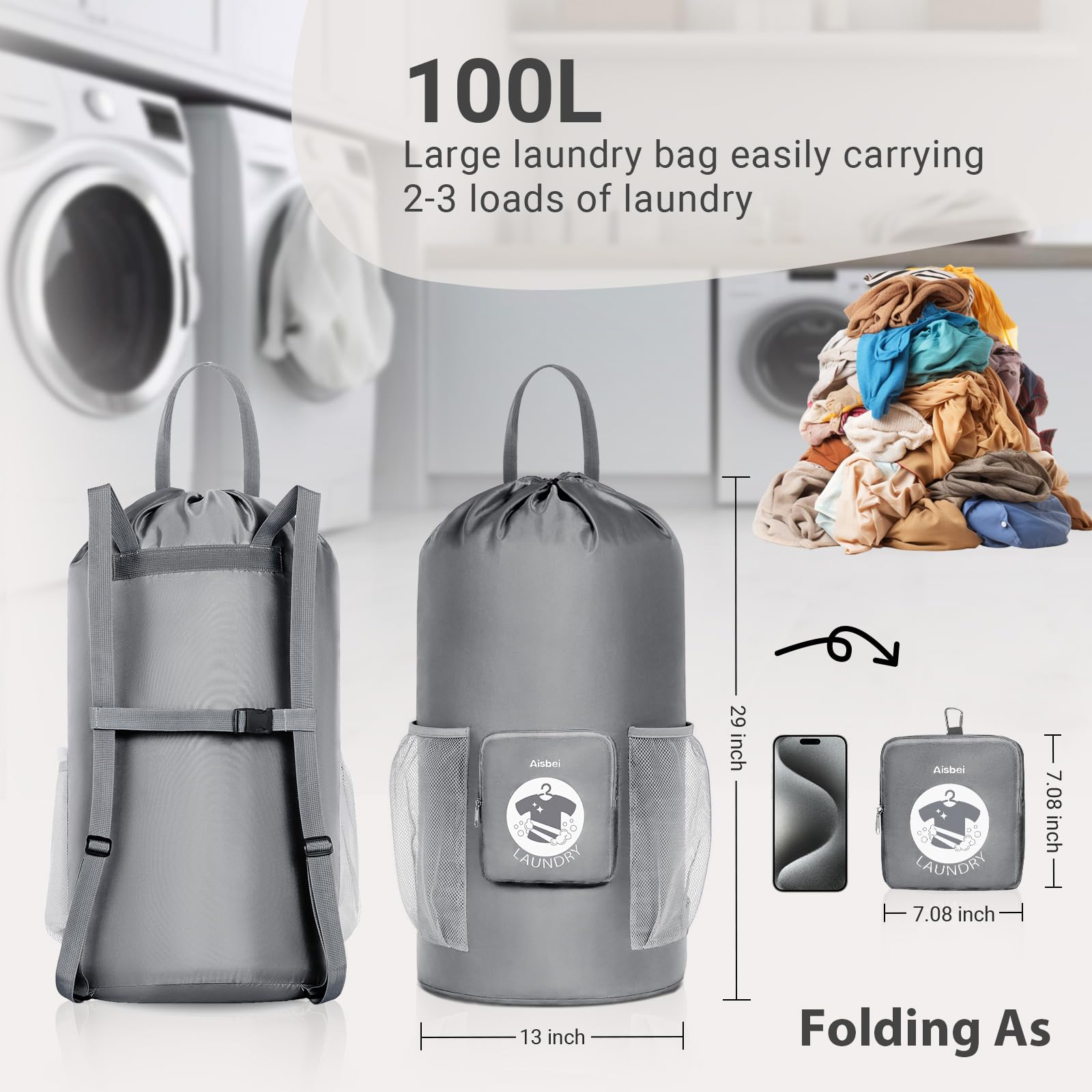 Aisbei 100L Foldable Laundry Bag Backpack with Chest Straps-Large Travel Laundry Bag for Dirty Clothes-Laundry Hamper Bag for College Apartment Laundromat Dorm Room Camping Essentials（Grey）