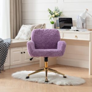 thctvous Purple Vantiy Desk Chair Comfy, Sherpa Makeup Vanity Chair with Back and Rolling Wheels for Bedroom Home Office,Adjustable High Gold Feet,Artificial Rabbit Hair