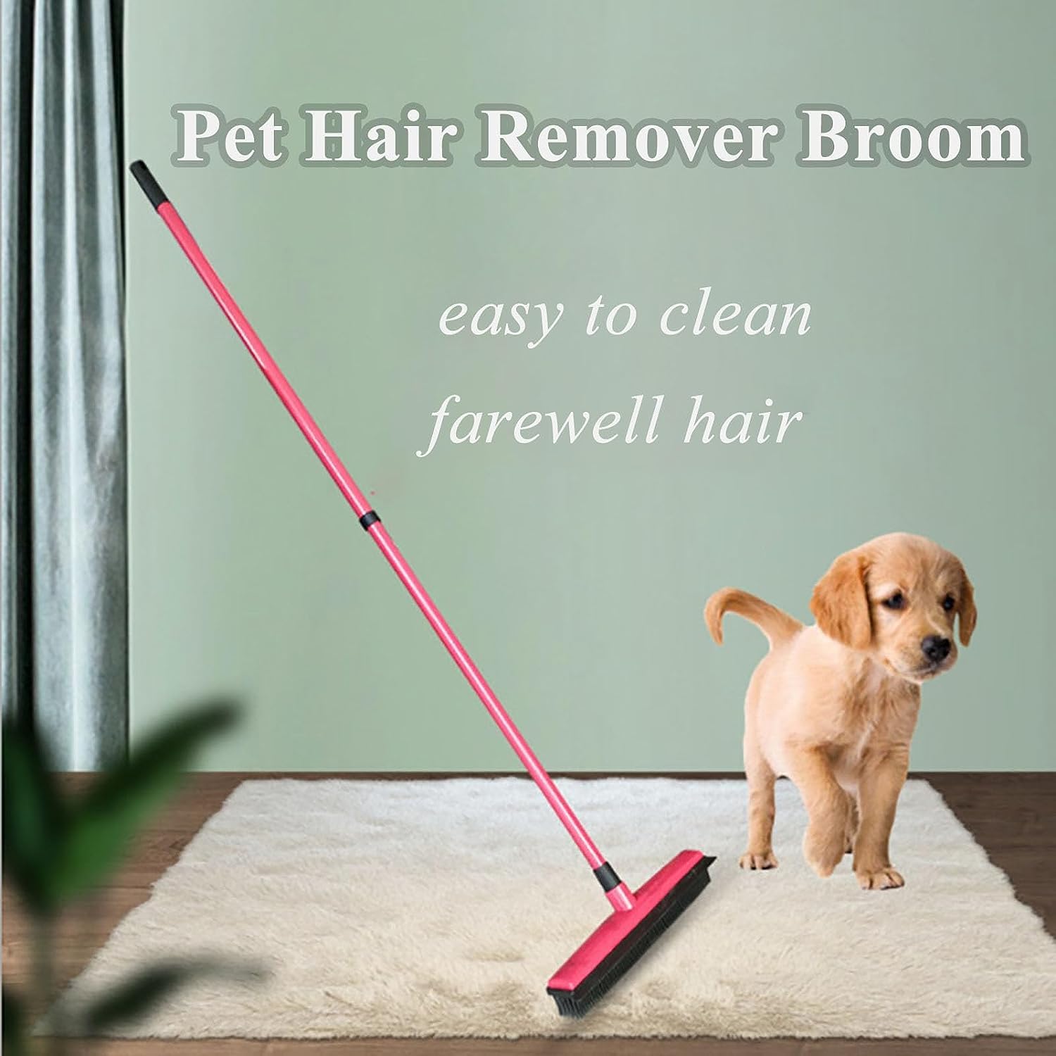 Indigopetco Pet Hair Removal Broom, Pet Hair Removal Tool, Multi-Surface Squeegee Rubber Broom, Rubber Broom Pet Hair Remover, Extendable Pet Hair Remover Broom for Carpet, Mats,Couch (Red)