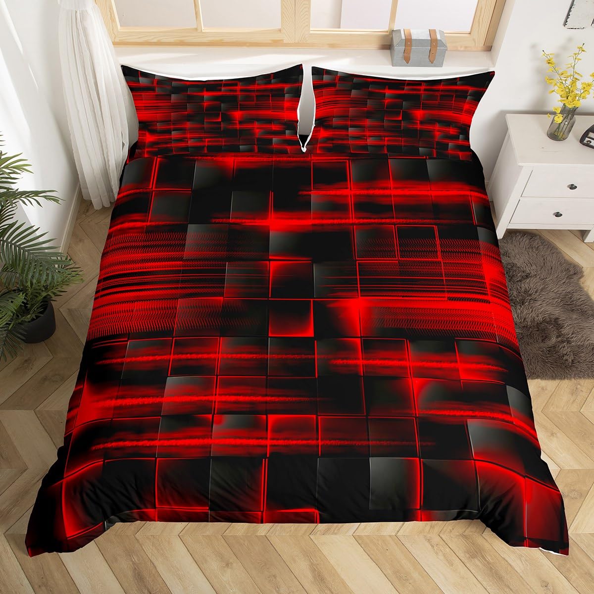 Feelyou Red Black Duvet Cover Queen Size Boys Girls Geometric Strip Lines Bedding Set for Kids Geometry Comforter Cover Set Abstract Modern Bedspread Cover Room Decor Bedclothes Zipper