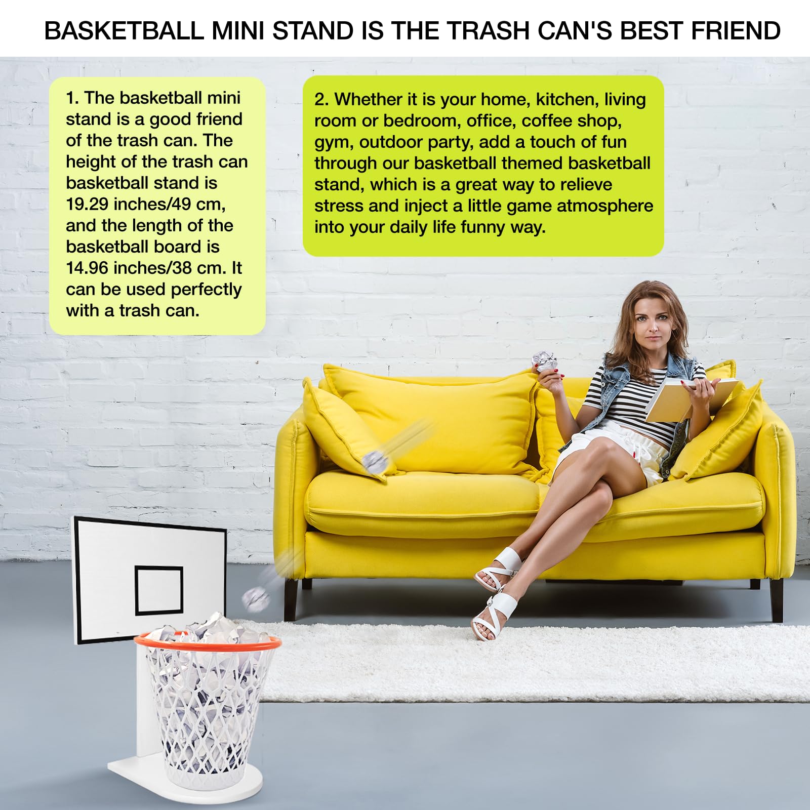 Basketball Trash Can,Trash Can Holder Wastebasket Backboard (Including 1pc Basketball Trash Can),White Wooden Basketball Garbage Can,Trash Can Basketball Hoop for Bedroom Office Kitchen Living Room