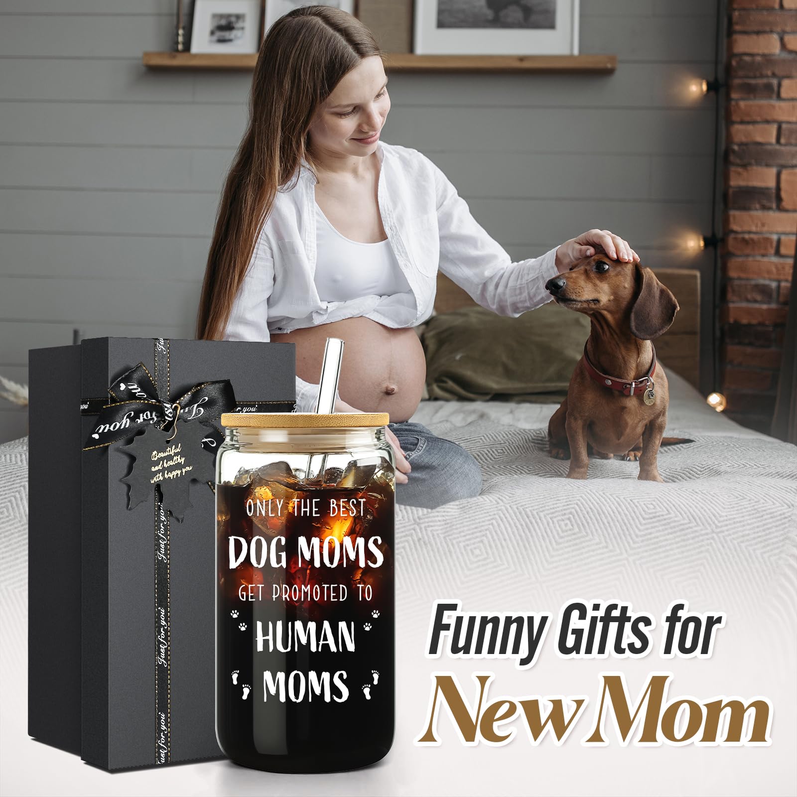 New Mom Gifts for Pregnant Women, 16oz Drinking Glass Cup with Lid and Straw, Funny Dog Mom Pregnancy Gift for Expecting Mom, Mother to be - Postpartum, Mothers Day, Birthday Gifts for First Time Moms