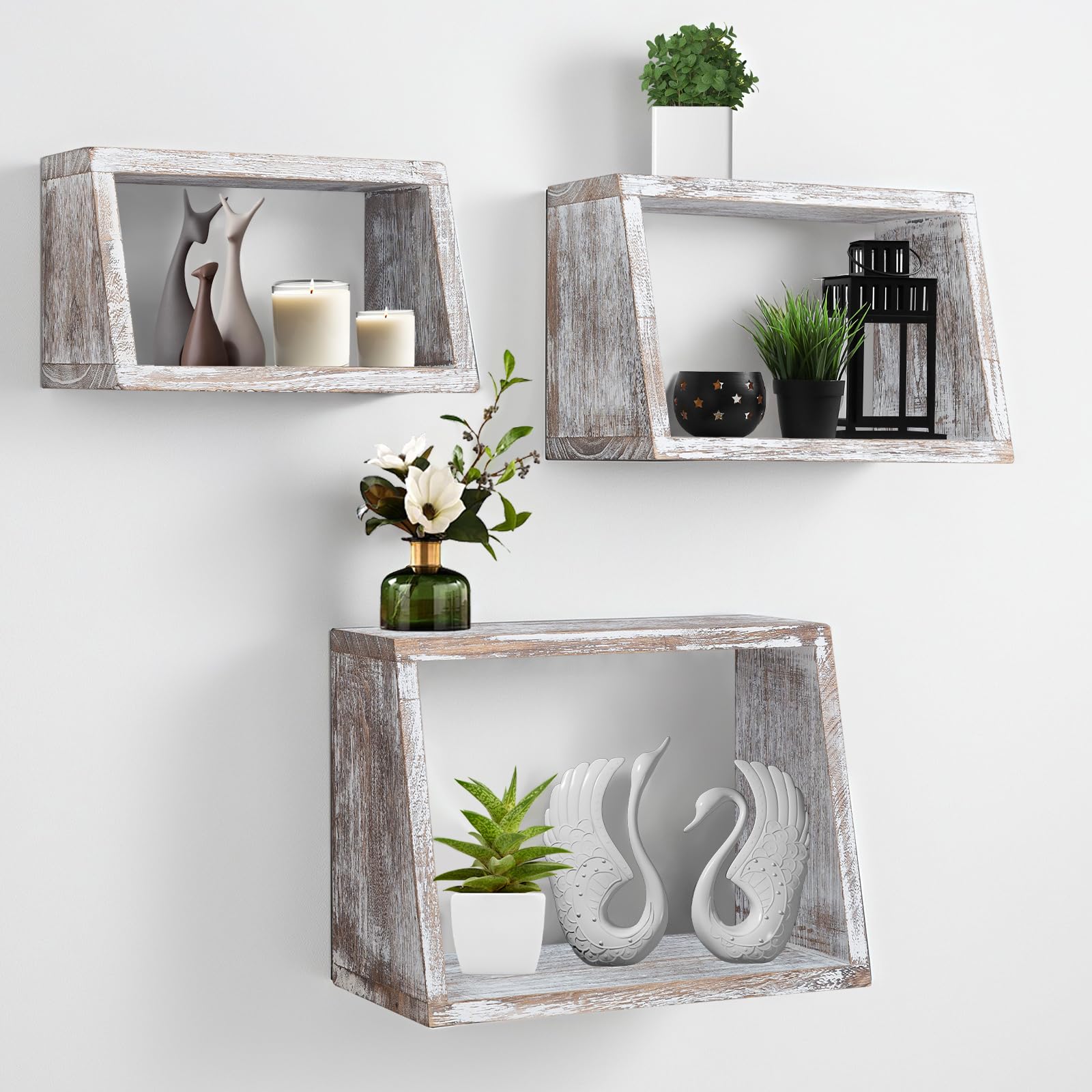 idee-home Bathroom Floating Shelves for Wall, Wood Farmhouse Decorative Wall Mounted Hanging Shelves for Kitchen Bedroom Living Room, Rustic White, Set of 3