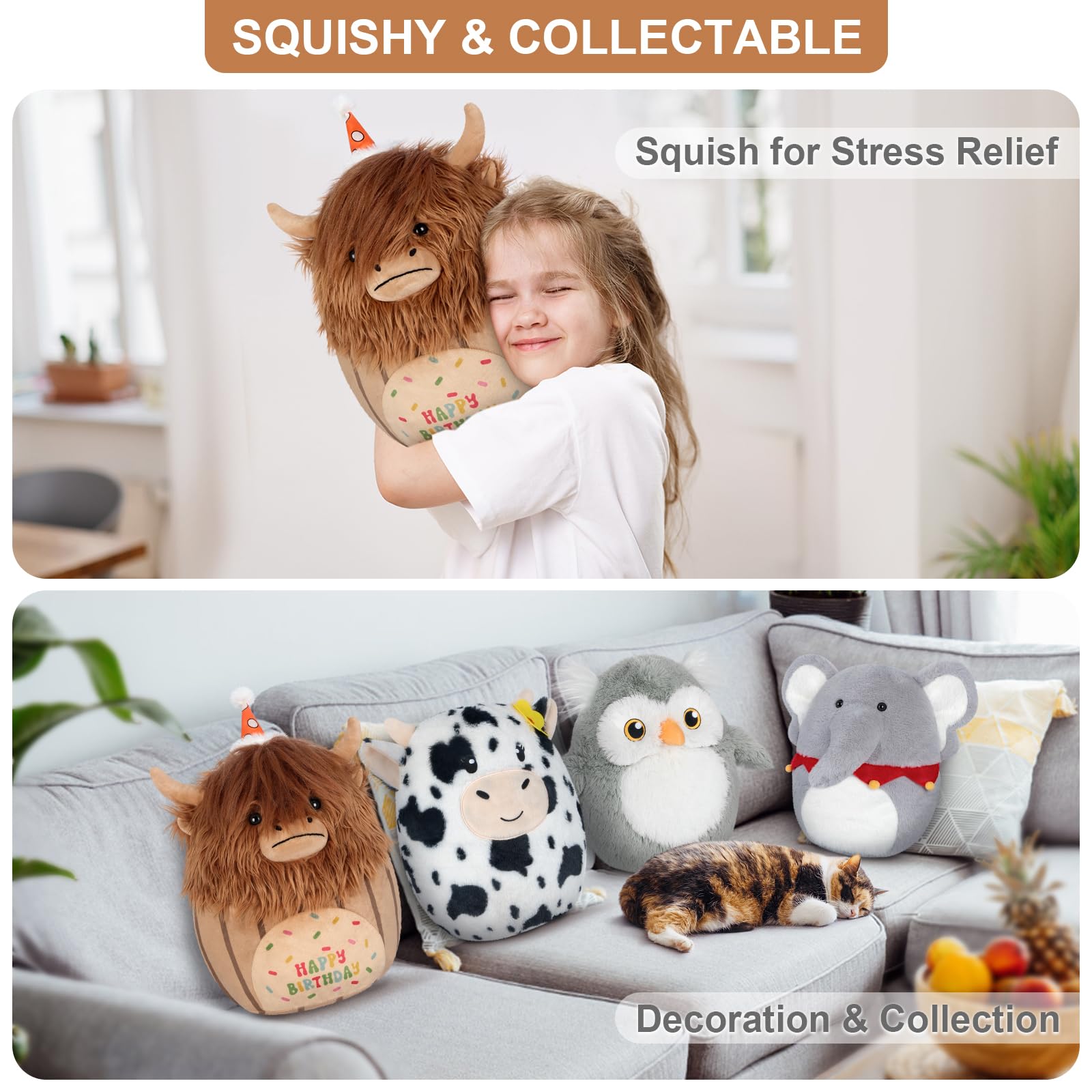 SuzziPals 17 inch Happy Birthday Highland Cow Stuffed Animal Plush Pillows, Soft Cow Pillow Cow Plushies Room Decor, Cows Plush Toys for Hugging & Squish, Highland Cow Gifts Cute Birthday Gifts