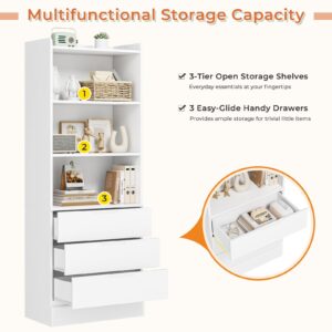 DICTAC 73.23'' Tall Storage Cabinet Bookcase with 3 Drawers and 3-Tier Open Shelves Wooden Bookshelf Kitchen Pantry Storage Cabinets Storage Organizer for Living Room, Study, Kitchen,Bathroom,White