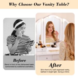 BLEXA White Makeup Vanity Table Set Vanity Desk with Light and Mirror Vanity Table with Drawers and Cushioned Stool Makeup Table with Mirror for Women and Girls(White) ﻿