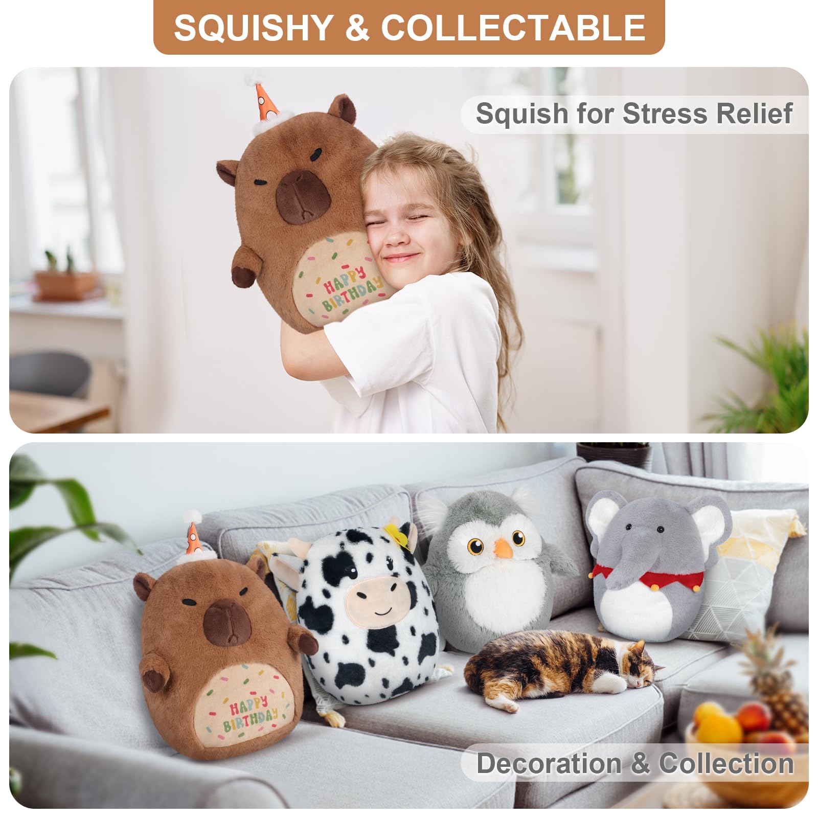 SuzziPals 17" Happy Birthday Capybara Plush Pillows, Squish Capybara Stuffed Animals, Stuffed Capybara Birthday Gifts for Girls & Boys, Capybara Plushies Couch Pillows for Decor, Cute Capybara Gifts