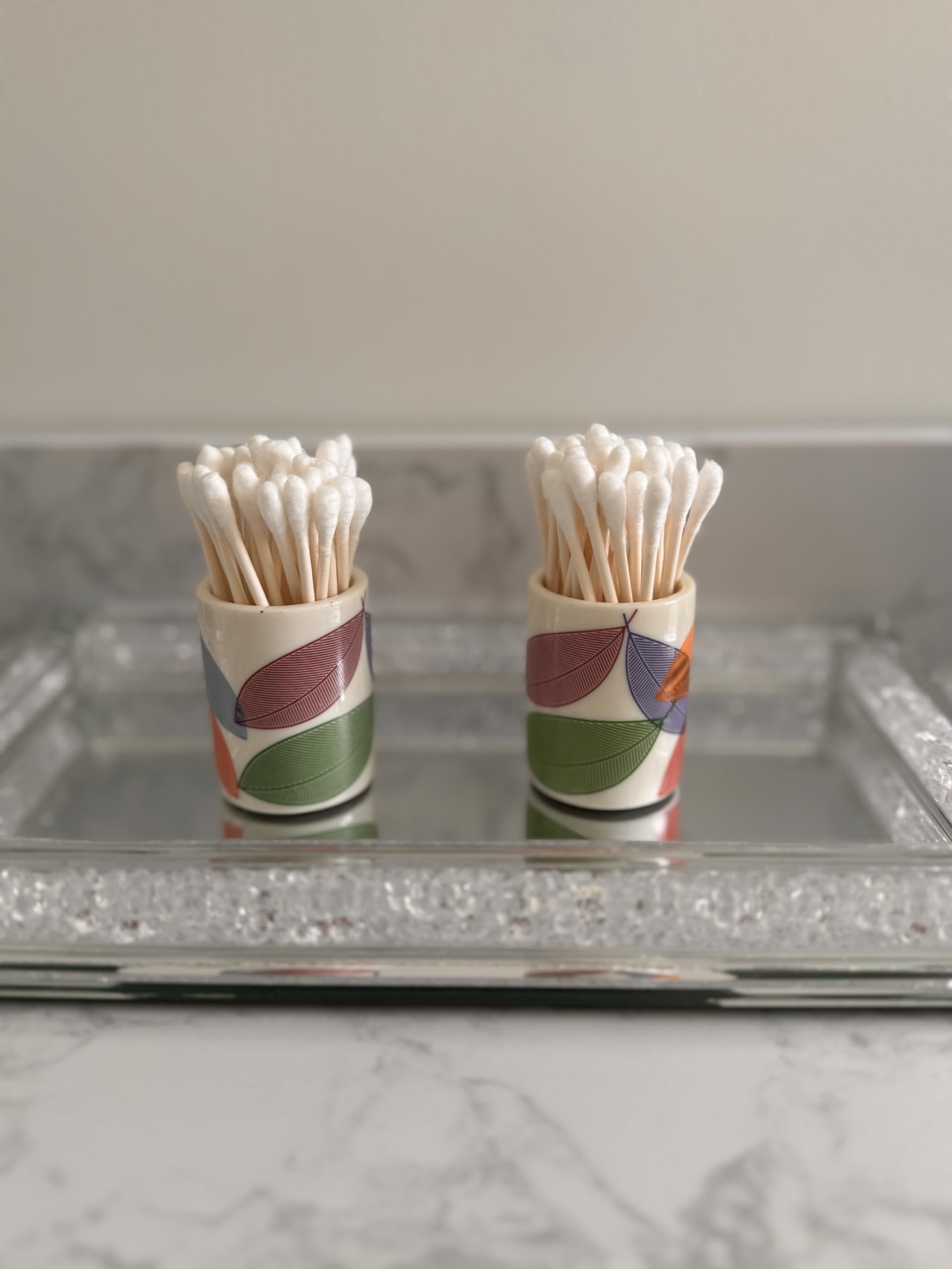 Home Haven Qtip Holder - Retro Leaves Design - Q Tip Holder for Bathroom, Bathroom Vanity Decor, Floss Pick Holder, Cotton Swab Holder, Bathroom Sink Decor, Flosser Holder, Cute Bathroom Decor